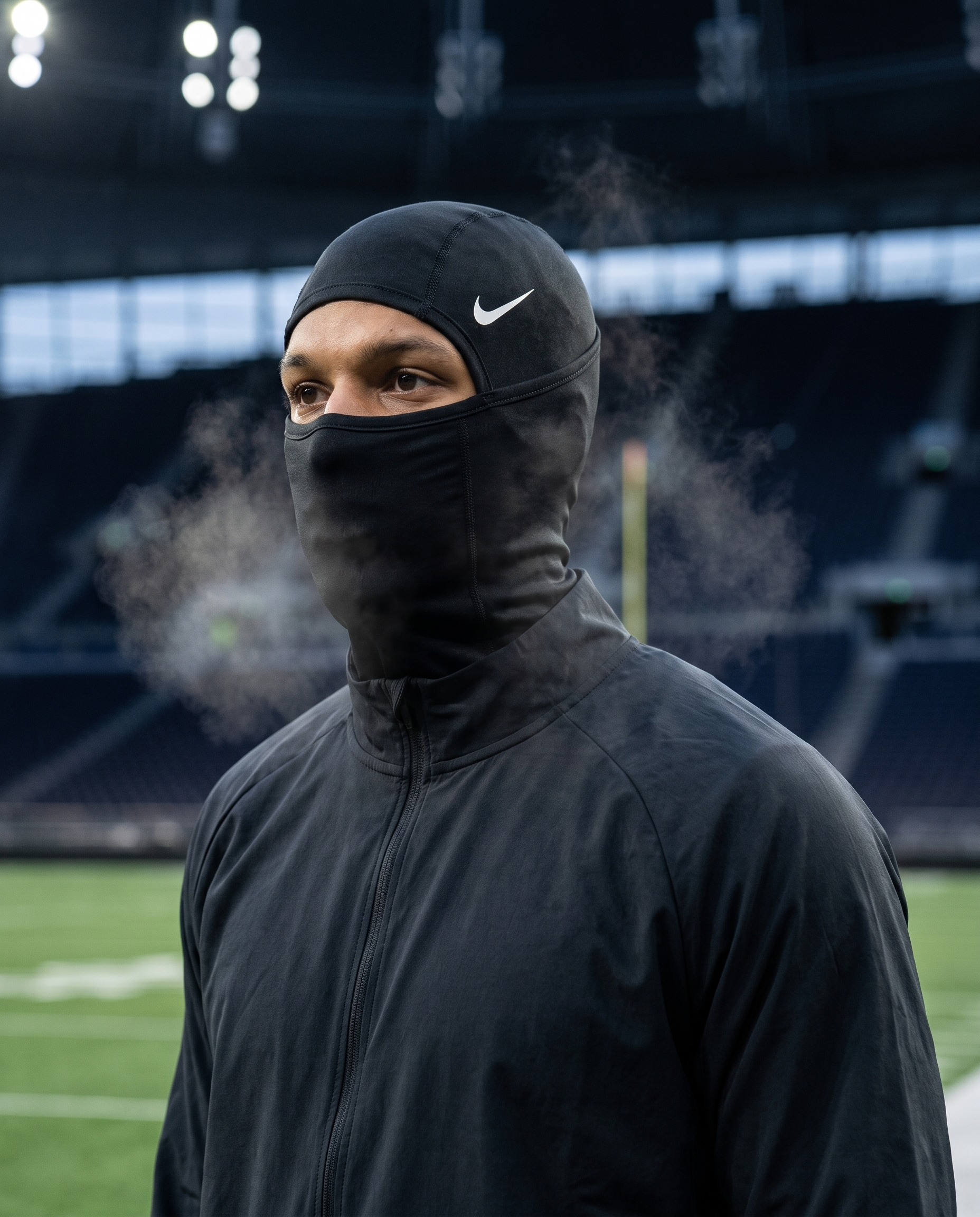 Nike Pro Football Hood in black worn during cold-weather football training